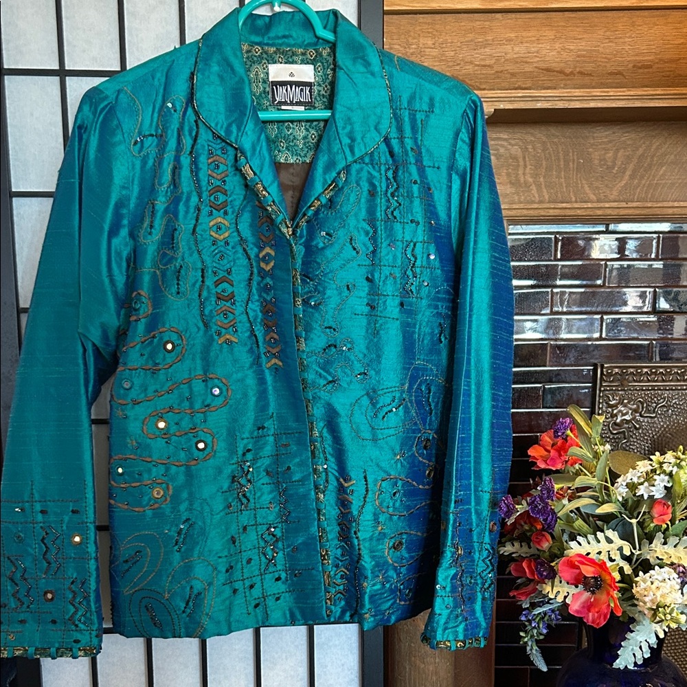 Elegant Silk Teal Embroidered Women's Blazer